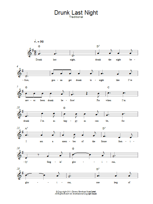 Traditional Drunk Last Night sheet music notes and chords. Download Printable PDF.