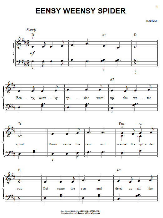 Traditional Eensy Weensy Spider sheet music notes and chords. Download Printable PDF.