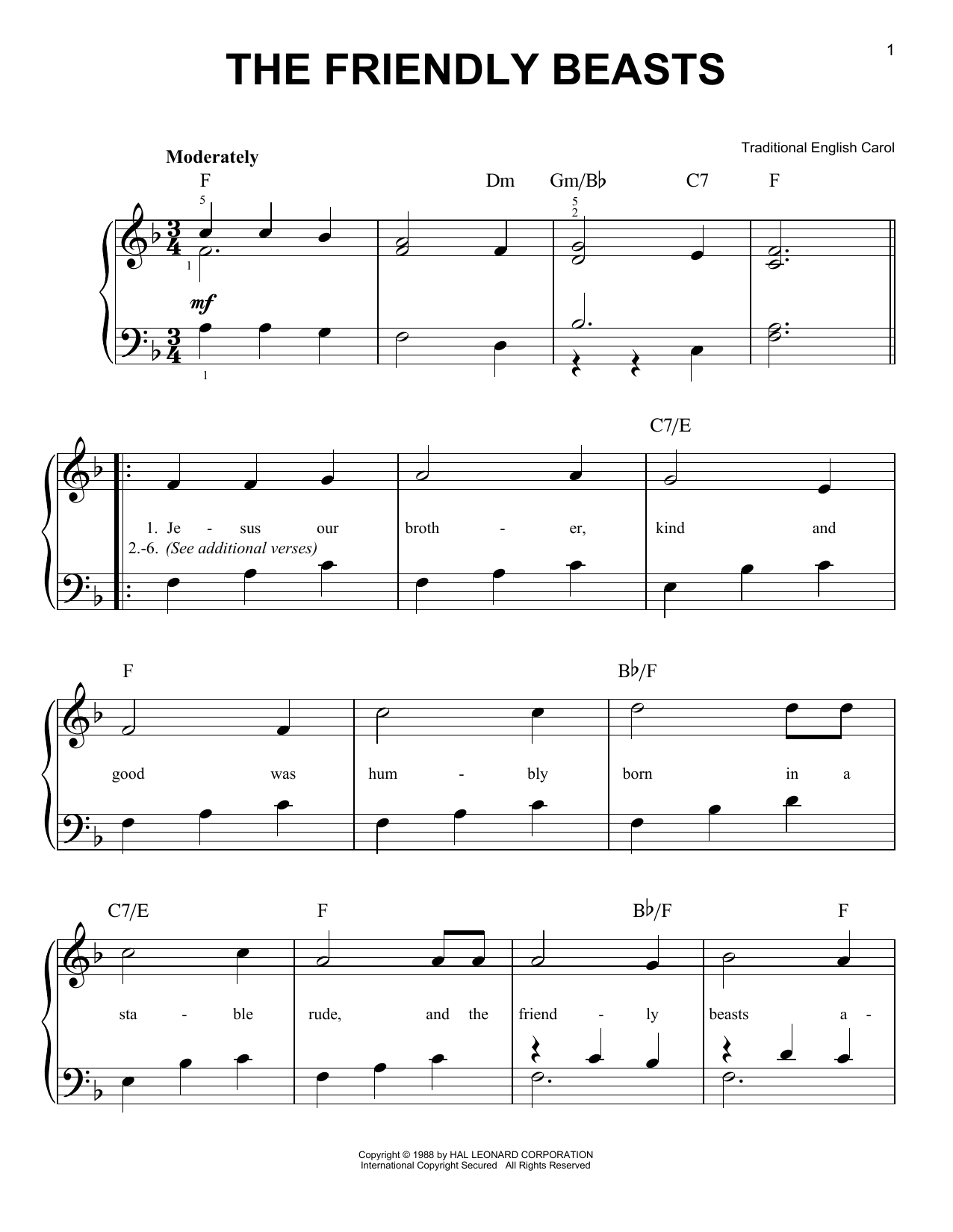 Traditional English Carol The Friendly Beasts sheet music notes and chords. Download Printable PDF.