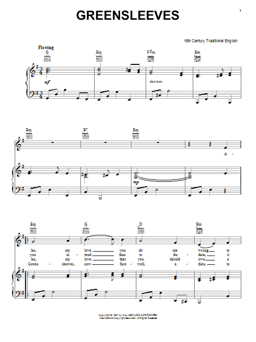 Traditional Greensleeves sheet music notes and chords. Download Printable PDF.