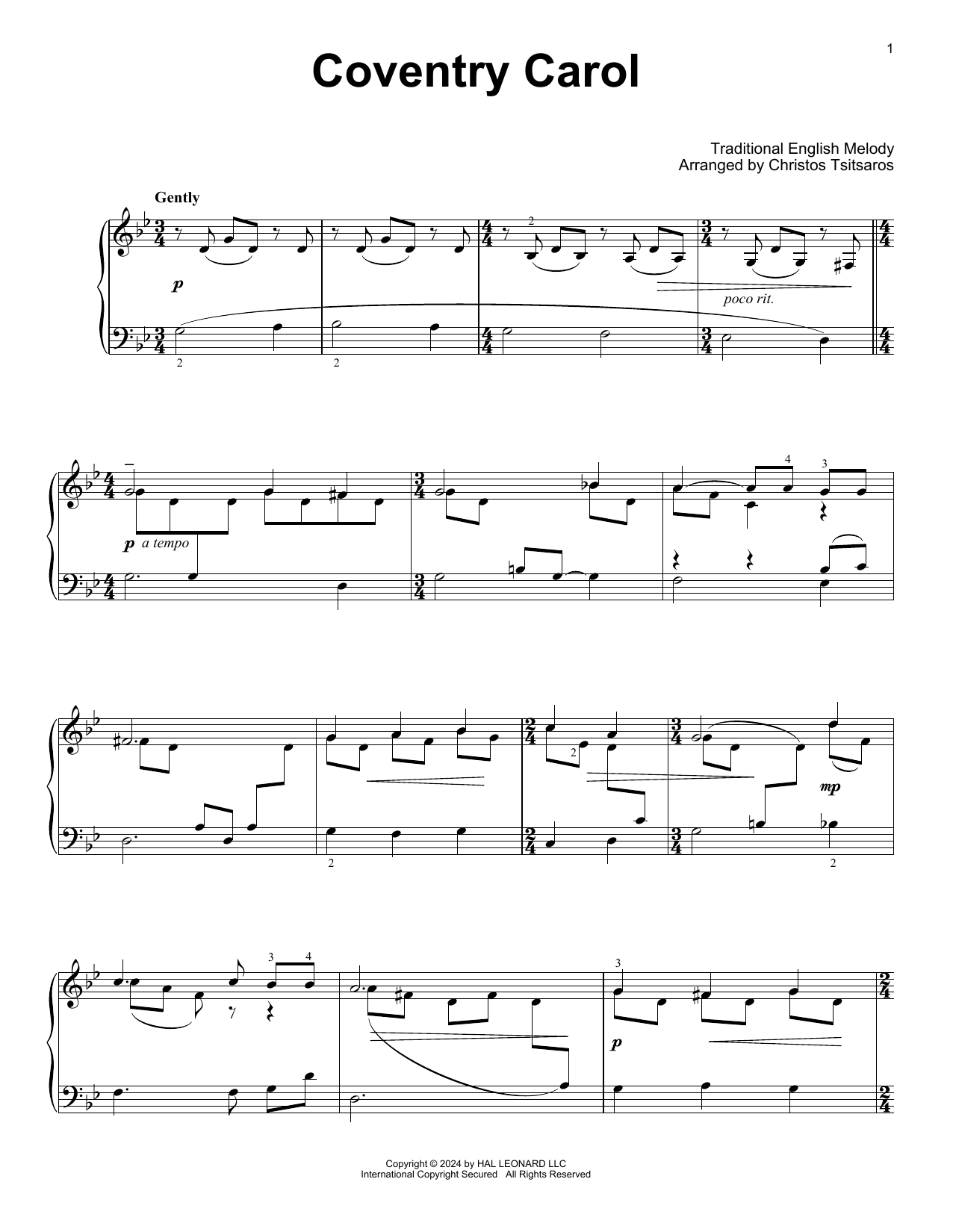 Traditional English Melody Coventry Carol (arr. Christos Tsitsaros) sheet music notes and chords. Download Printable PDF.