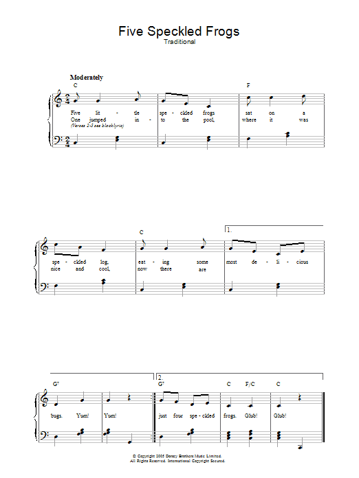 Learn to play Traditional Five Little Speckled Frogs sheet music for Piano & Vocal in minutes. Traditional Five Little Speckled Frogs sheet music notes and chords. Download Printable PDF.