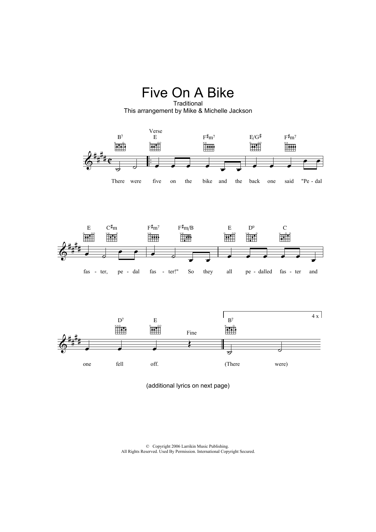 Learn to play Traditional Five On A Bike sheet music for Lead Sheet / Fake Book in minutes. Price: 5.9900$ Traditional Five On A Bike sheet music notes and chords arranged for Lead Sheet / Fake Book