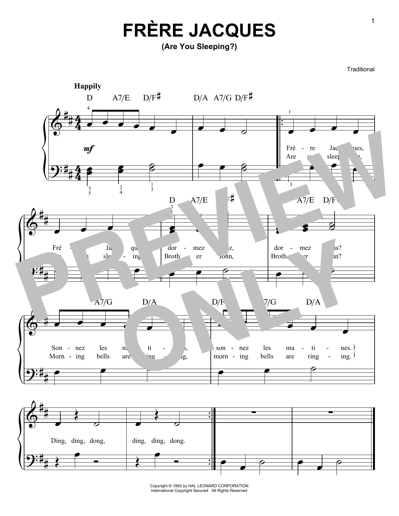 Traditional Frere Jacques (Are You Sleeping?) sheet music notes and chords. Download Printable PDF.