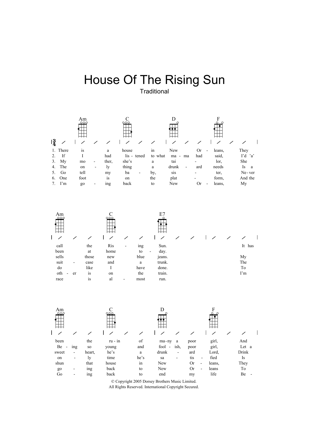 Download Traditional House Of The Rising Sun Sheet Music Pdf Chords Ukulele Chords Lyrics