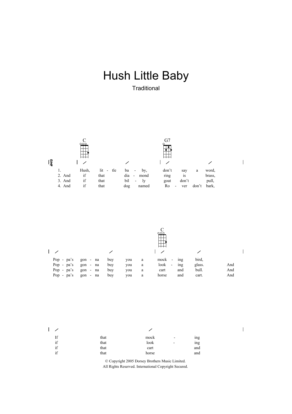 Traditional "Hush Little Baby" Sheet Music Notes, | Traditional Score Ukulele with Strumming Patterns Download Printable. SKU: 39506