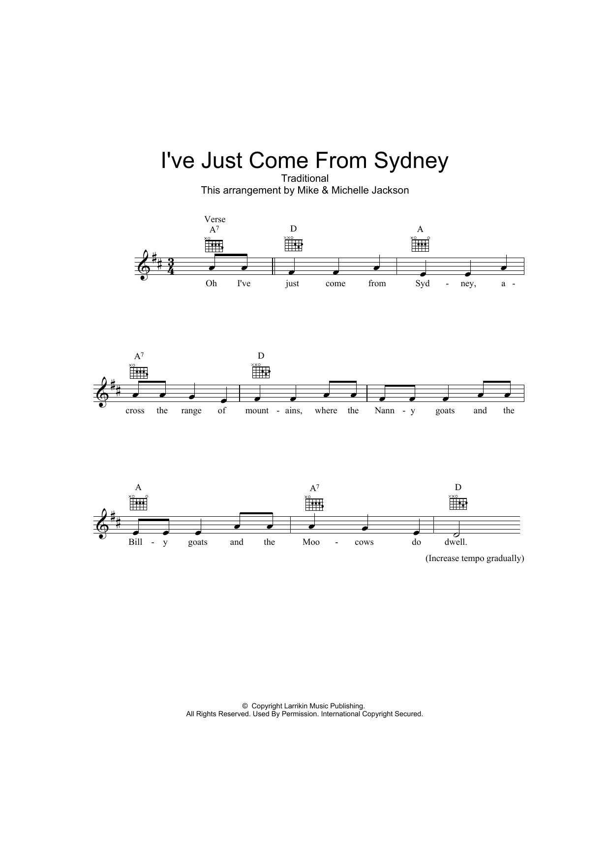 Learn to play Traditional I've Just Come From Sydney sheet music for Lead Sheet / Fake Book in minutes. Price: 5.9900$ Traditional I've Just Come From Sydney sheet music notes and chords arranged for Lead Sheet / Fake Book