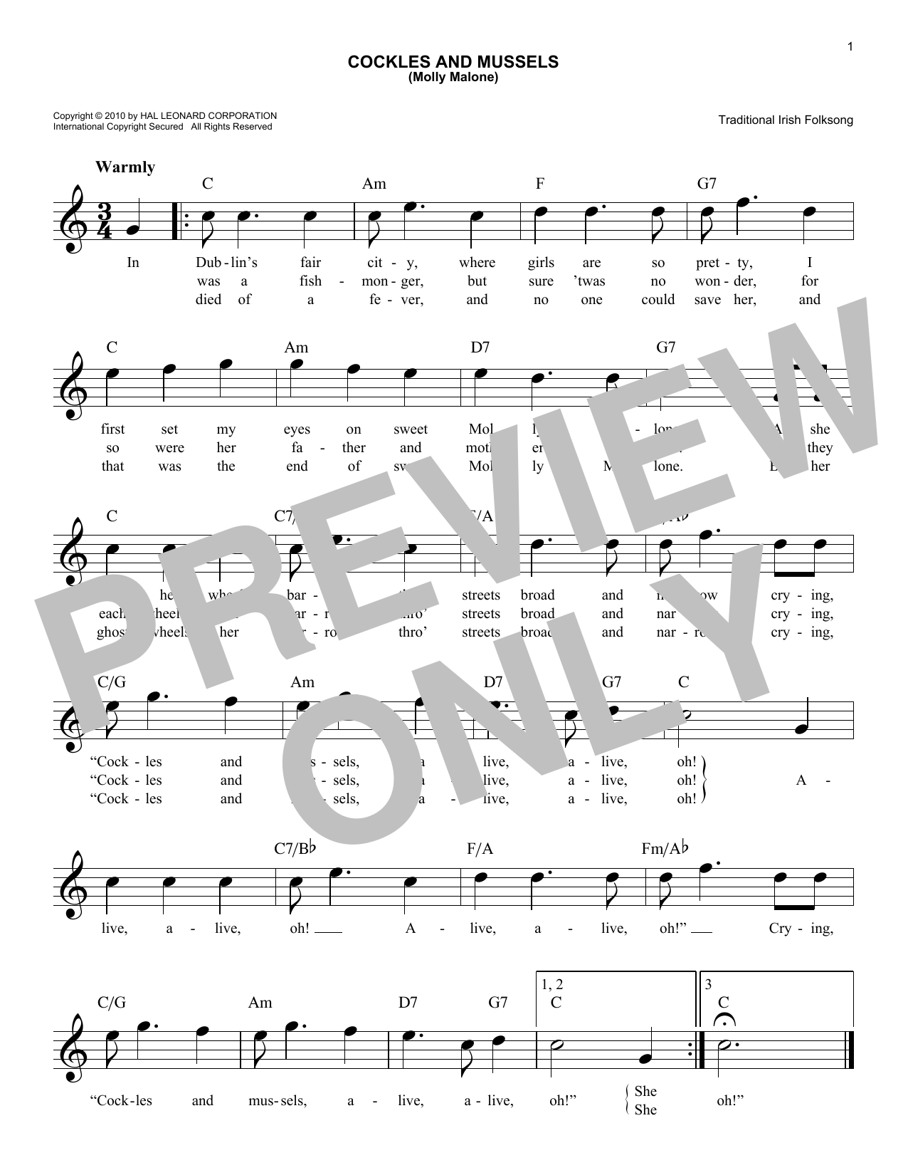 Traditional Irish Folksong Cockles And Mussels (Molly Malone) sheet music notes and chords. Download Printable PDF.