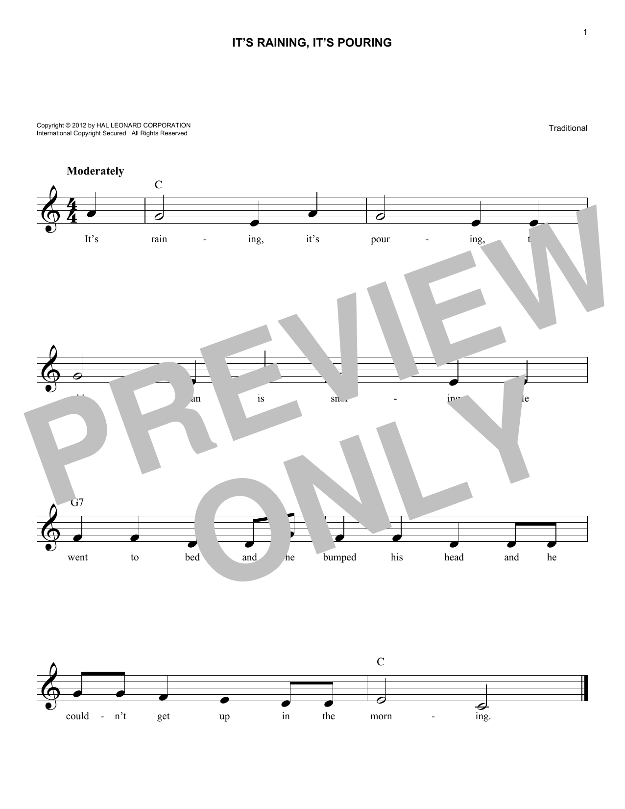 Learn to play Traditional It's Raining, It's Pouring sheet music for Lead Sheet / Fake Book in minutes. Traditional It's Raining, It's Pouring sheet music notes and chords. Download Printable PDF.