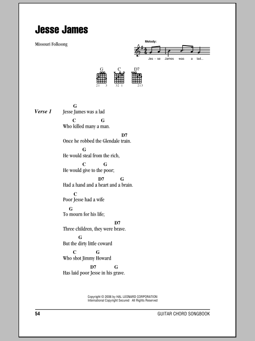 Traditional Jesse James sheet music notes and chords. Download Printable PDF.