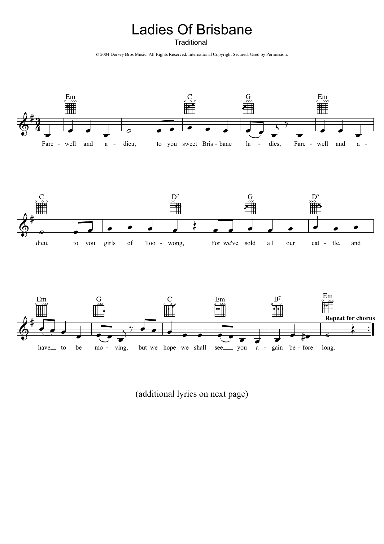 Traditional Ladies Of Brisbane sheet music notes and chords. Download Printable PDF.