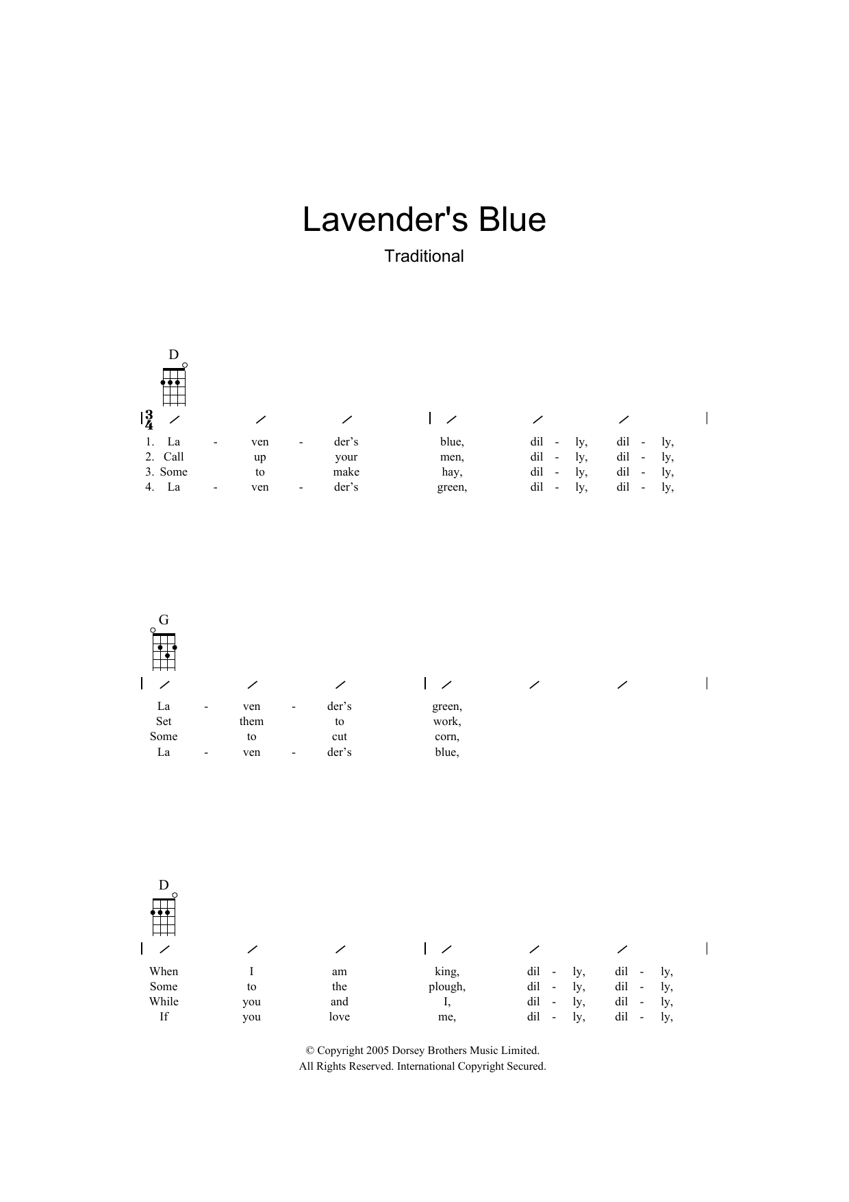 Traditional Lavender's Blue sheet music notes and chords. Download Printable PDF.