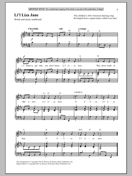 Traditional Li l Liza Jane sheet music notes and chords. Download Printable PDF.