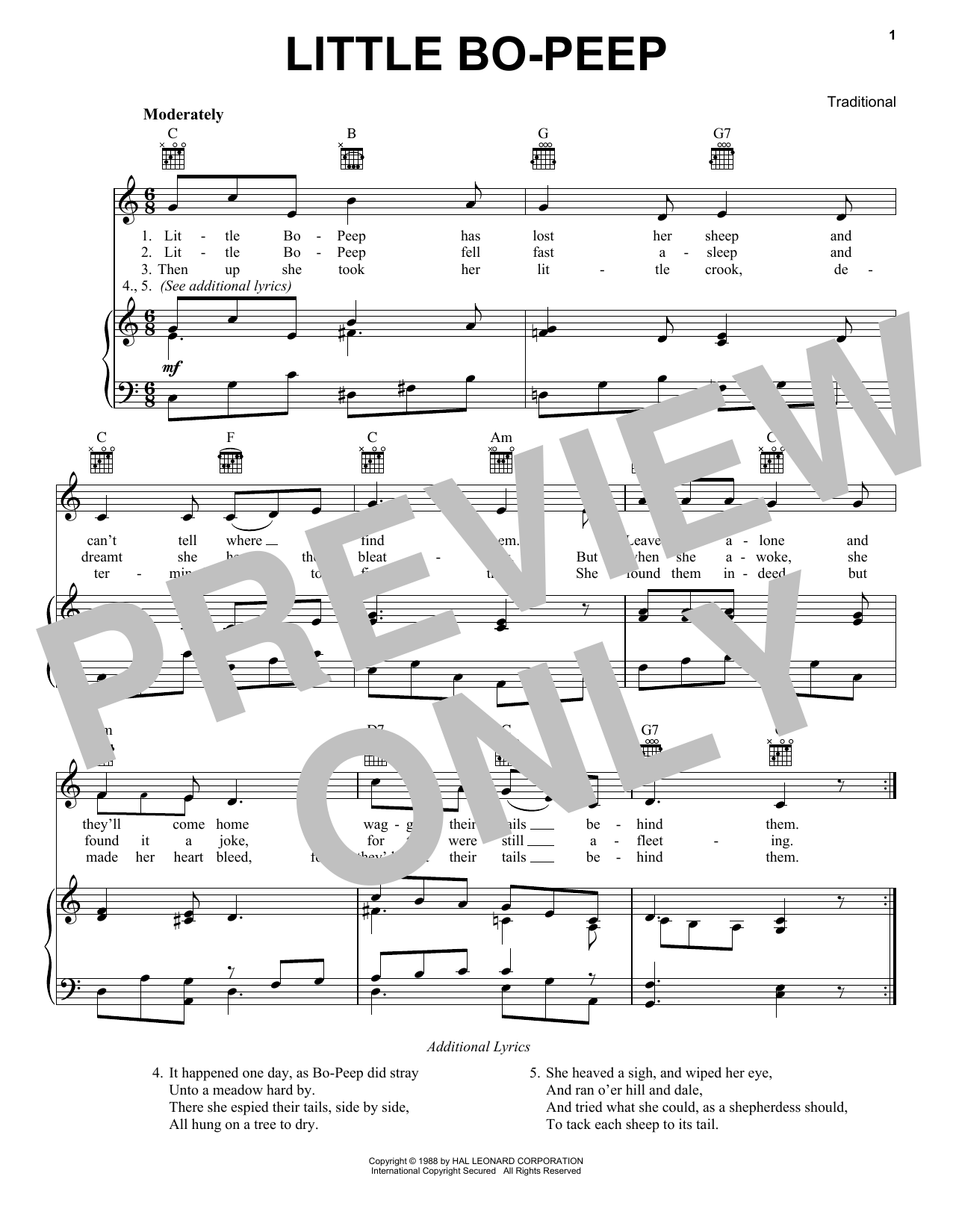 Traditional Little Bo-Peep sheet music notes and chords. Download Printable PDF.