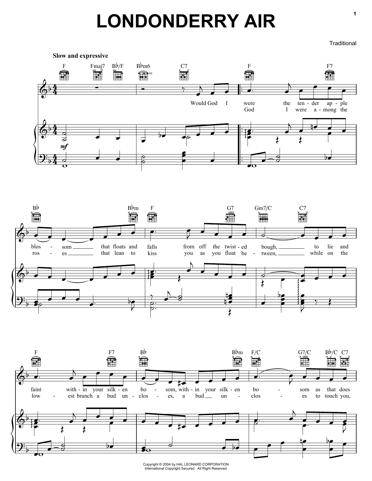 Traditional Londonderry Air sheet music notes and chords. Download Printable PDF.