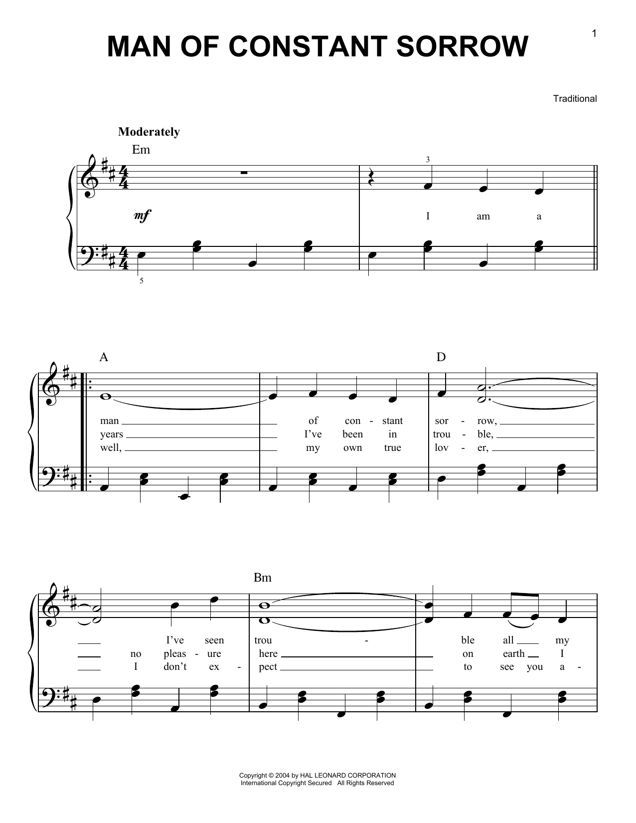 Traditional Man Of Constant Sorrow sheet music notes and chords. Download Printable PDF.