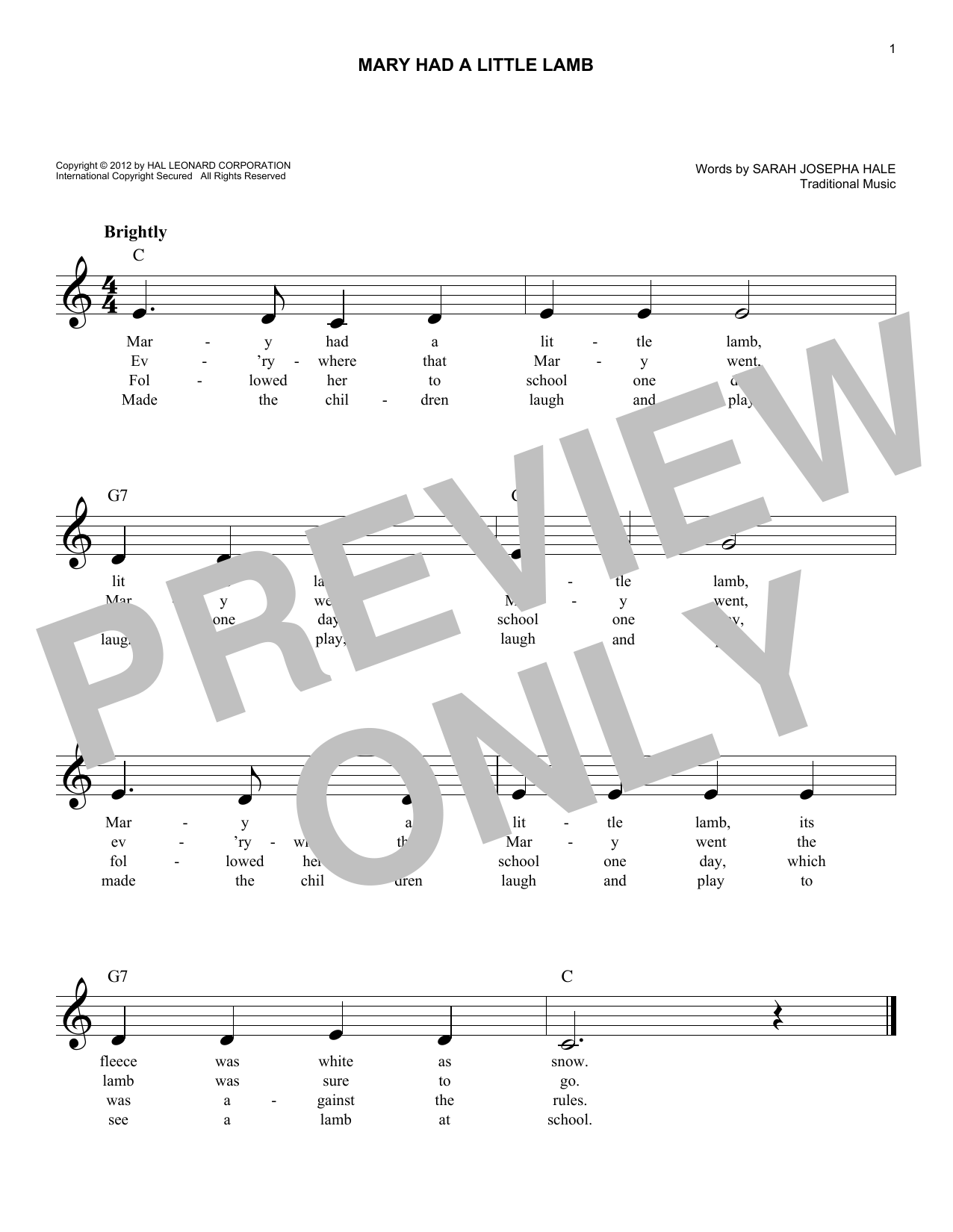 Traditional Mary Had A Little Lamb sheet music notes and chords. Download Printable PDF.