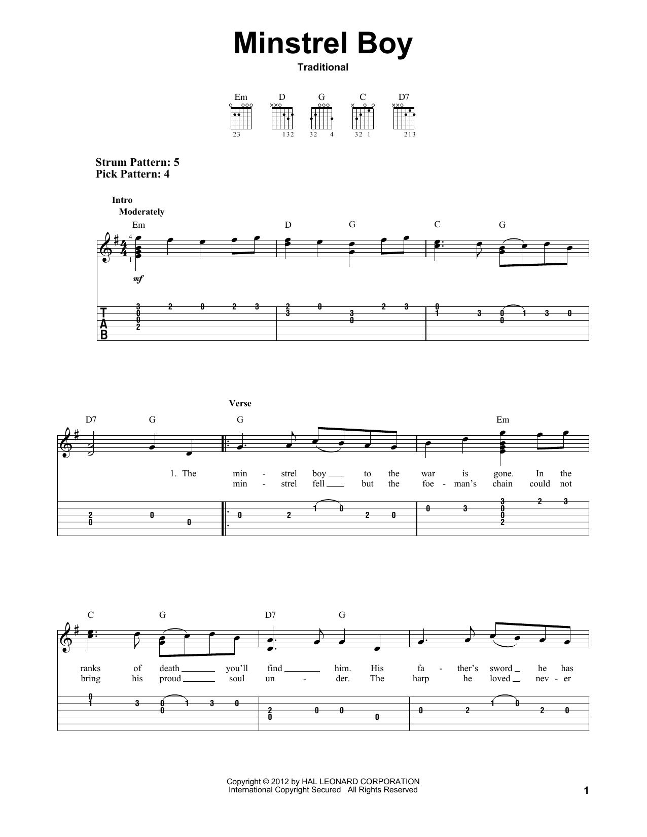 Traditional Minstrel Boy sheet music notes and chords. Download Printable PDF.