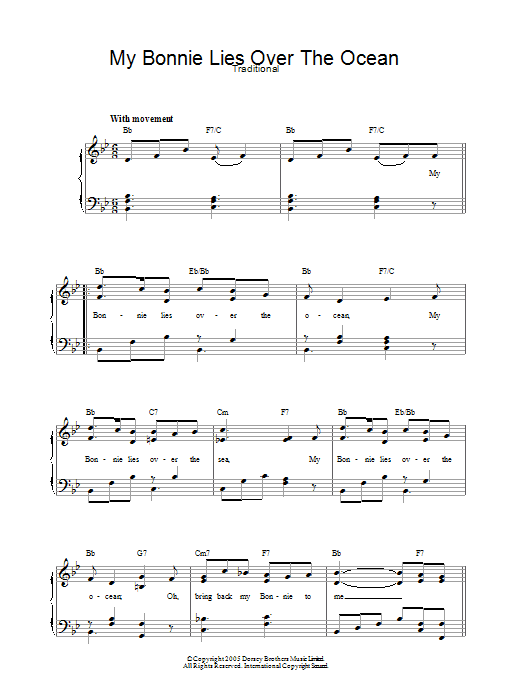 Traditional My Bonnie Lies Over The Ocean sheet music notes and chords. Download Printable PDF.