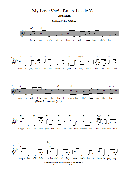 Traditional My Love She's But A Lassie Yet sheet music notes and chords. Download Printable PDF.