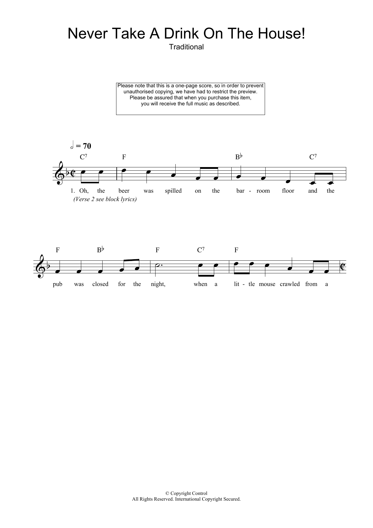 Learn to play Traditional Never Take A Drink On The House! sheet music for Lead Sheet / Fake Book in minutes. Price: 5.9900$ Traditional Never Take A Drink On The House! sheet music notes and chords arranged for Lead Sheet / Fake Book