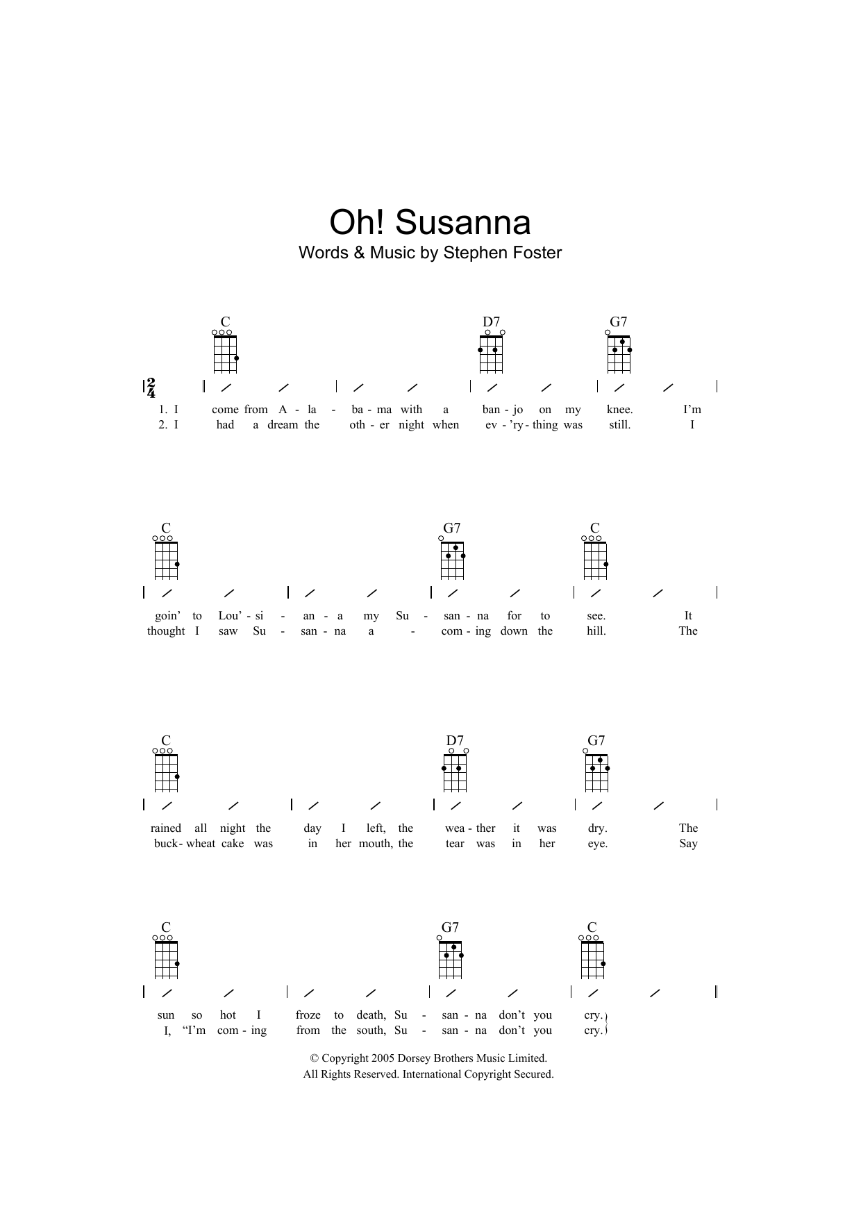 Traditional Oh! Susanna sheet music notes and chords. Download Printable PDF.