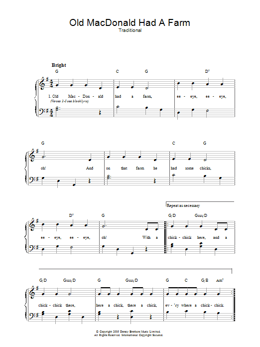 Traditional Old MacDonald sheet music notes and chords. Download Printable PDF.