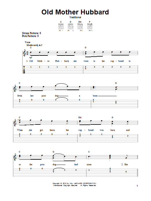 Learn to play Traditional Old Mother Hubbard sheet music for Easy Guitar Tab in minutes. Traditional Old Mother Hubbard sheet music notes and chords. Download Printable PDF.