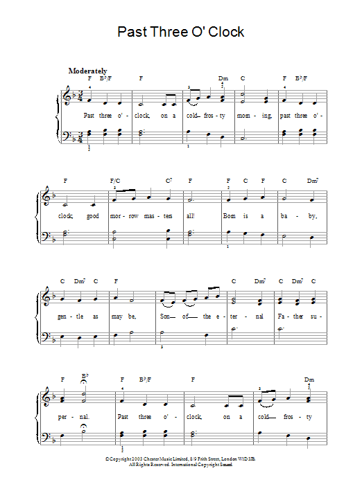 Learn to play Christmas Carol Past Three O'Clock sheet music for Piano Solo in minutes. Christmas Carol Past Three O'Clock sheet music notes and chords. Download Printable PDF.