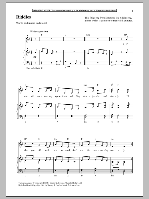 Traditional Riddles sheet music notes and chords. Download Printable PDF.