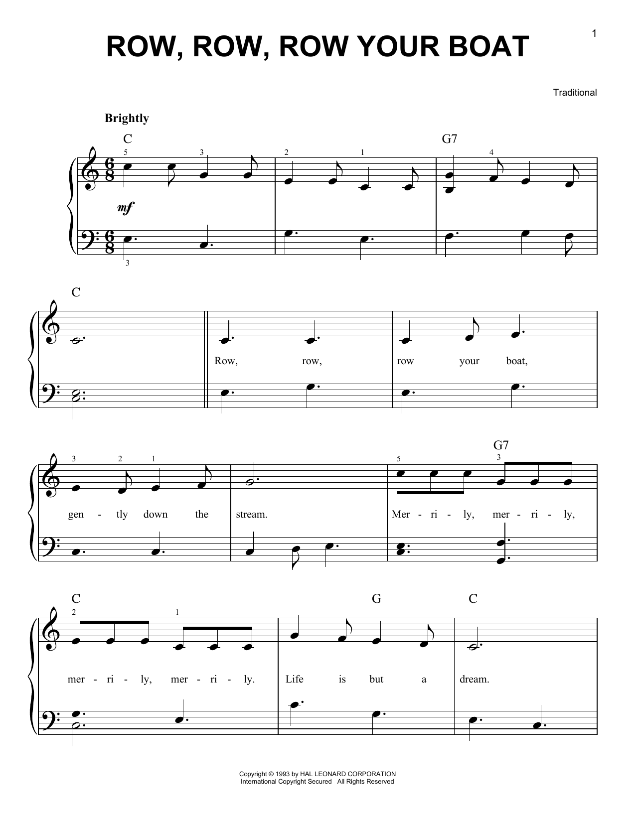 Traditional Row, Row, Row Your Boat sheet music notes and chords. Download Printable PDF.