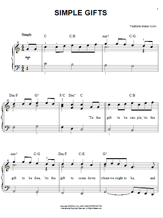 Traditional Shaker Hymn Simple Gifts sheet music notes and chords. Download Printable PDF.