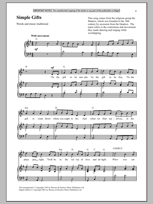 Simple Gifts (Lead sheet with lyrics ) Sheet music for Piano (Solo