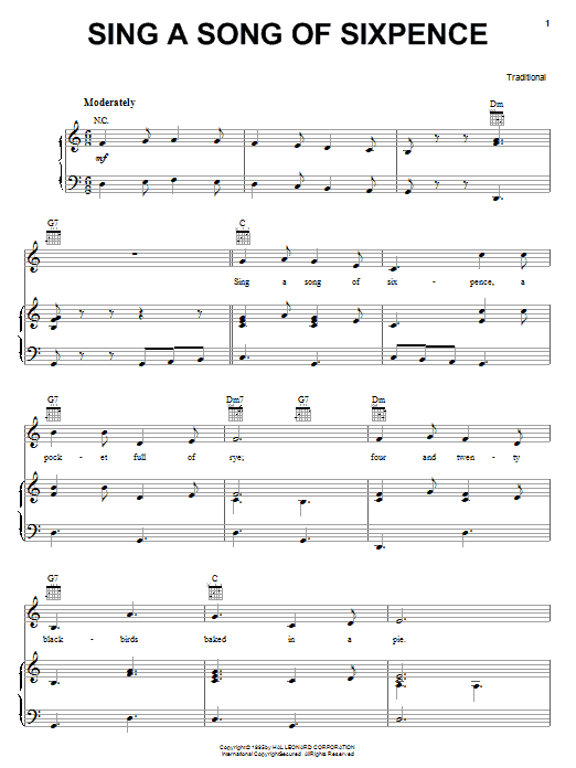 Traditional Sing A Song Of Sixpence sheet music notes and chords. Download Printable PDF.