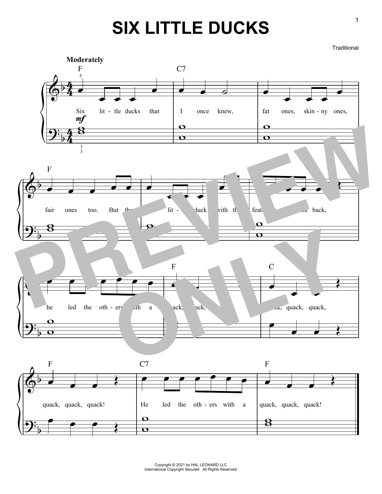 Traditional Six Little Ducks sheet music notes and chords. Download Printable PDF.