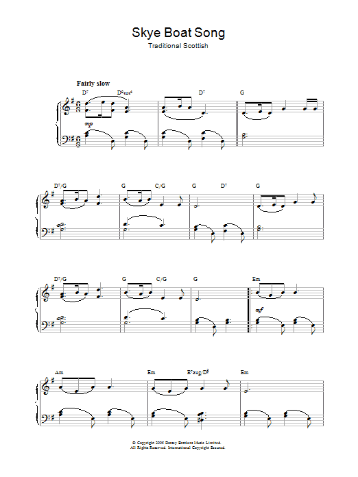 Traditional Skye Boat Song sheet music notes and chords. Download Printable PDF.