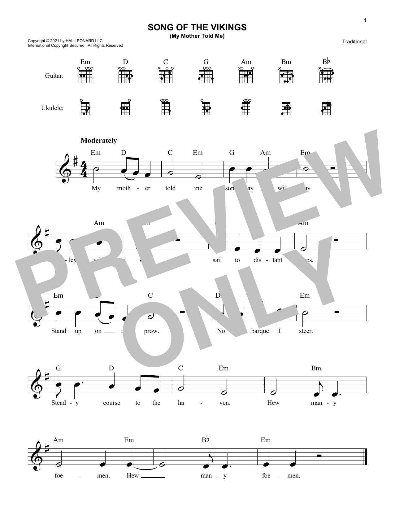 Traditional Song Of The Vikings sheet music notes and chords. Download Printable PDF.