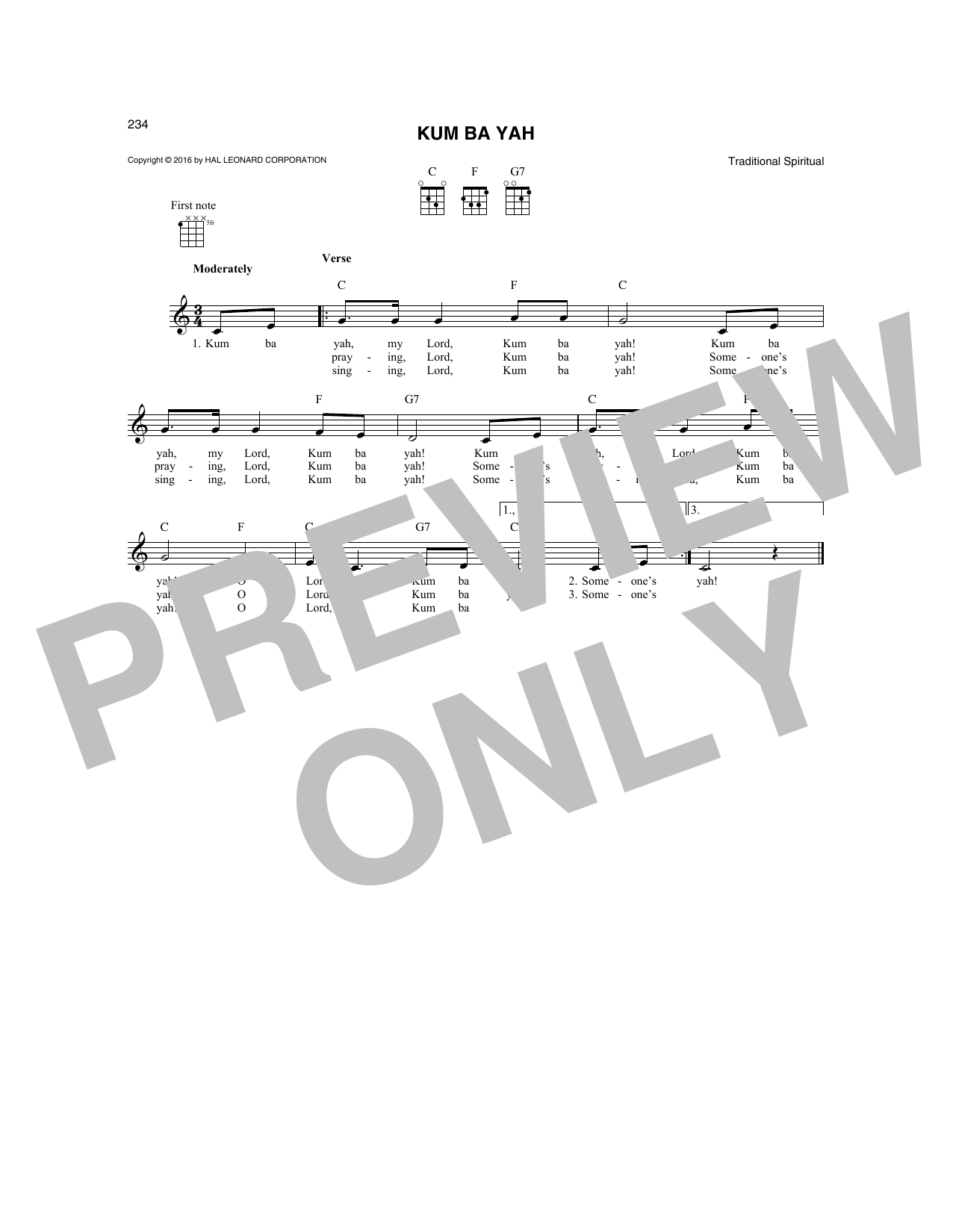 Traditional Spiritual Kum Ba Yah sheet music notes and chords. Download Printable PDF.