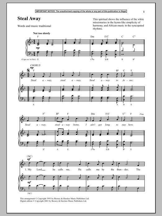 Traditional Steal Away sheet music notes and chords. Download Printable PDF.