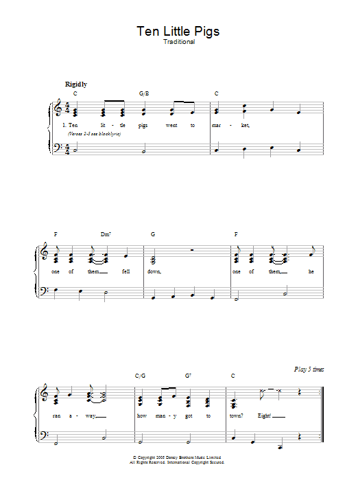 Traditional Ten Little Pigs sheet music notes and chords. Download Printable PDF.