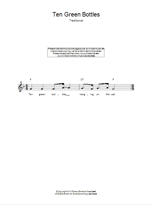 Traditional Ten Green Bottles sheet music notes and chords. Download Printable PDF.