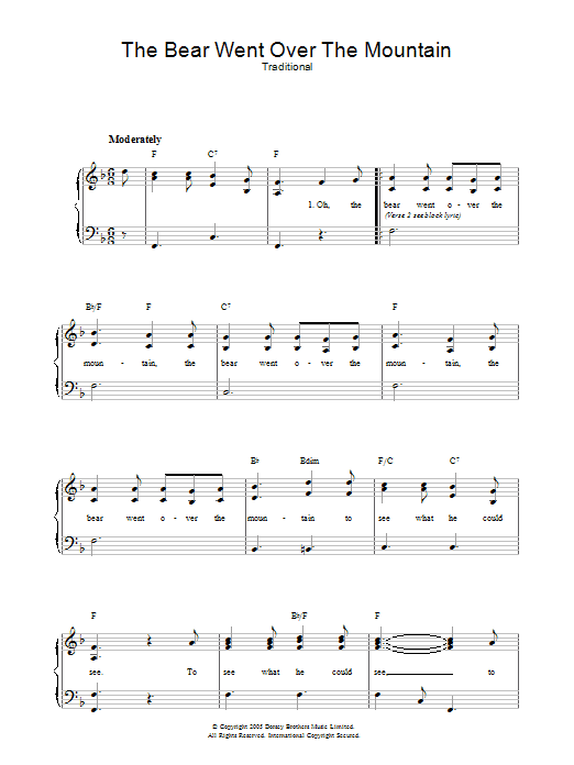 Learn to play Traditional The Bear Went Over The Mountain sheet music for Lead Sheet / Fake Book in minutes. Price: 5.9900$ Traditional The Bear Went Over The Mountain sheet music notes and chords arranged for Lead Sheet / Fake Book