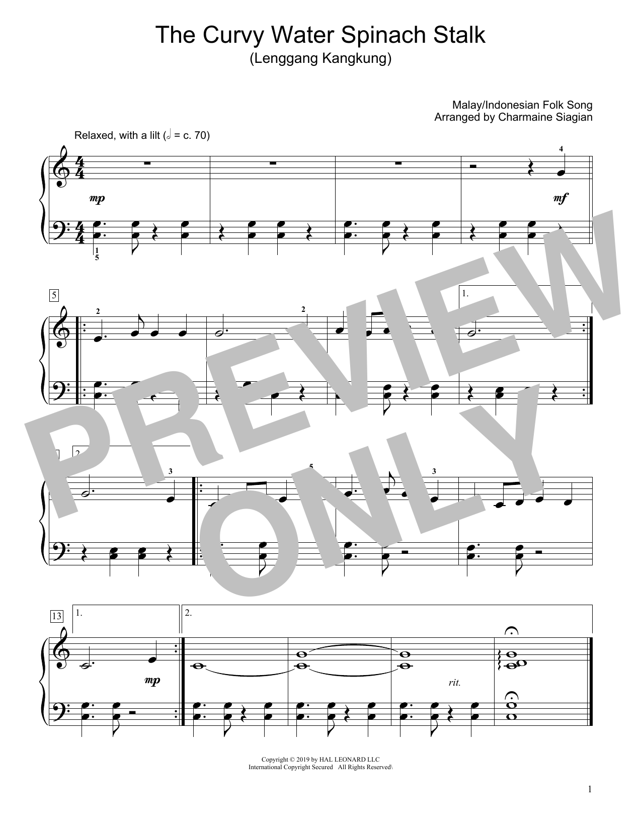 Learn to play Traditional The Curvy Water Spinach Stalk (Lenggang Kangkung) (arr. Charmaine Siagian) sheet music for Educational Piano in minutes. Traditional The Curvy Water Spinach Stalk (Lenggang Kangkung) (arr. Charmaine Siagian) sheet music notes and chords. Download Printable PDF.