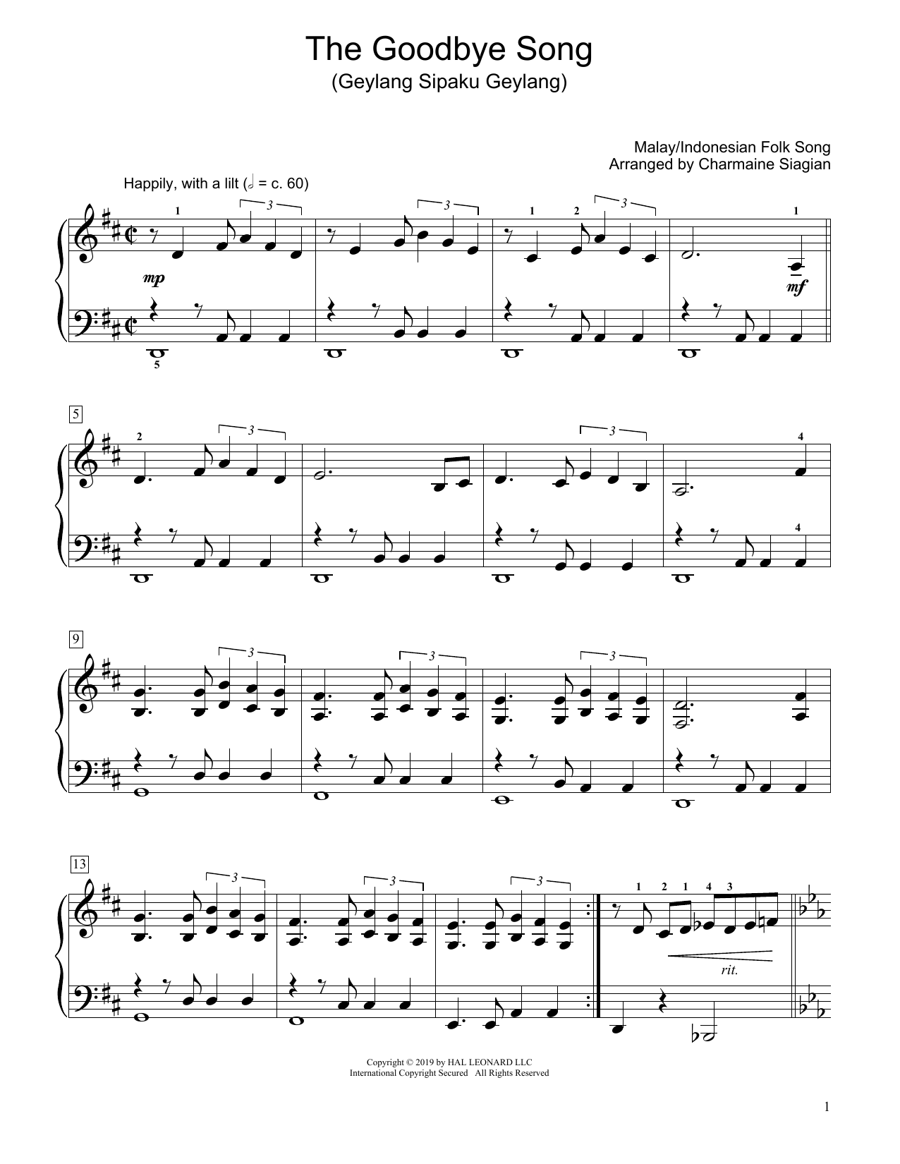 Learn to play Traditional The Goodbye Song (Geylang Sipaku Geylang) (arr. Charmaine Siagian) sheet music for Educational Piano in minutes. Price: 6.9900$ Traditional The Goodbye Song (Geylang Sipaku Geylang) (arr. Charmaine Siagian) sheet music notes and chords arranged for Educational Piano