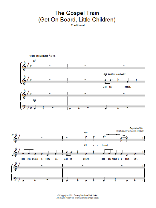 Learn to play Traditional The Gospel Train (Get On Board Little Children) sheet music for 2-Part Choir in minutes. Price: 3.9900$ Traditional The Gospel Train (Get On Board Little Children) sheet music notes and chords arranged for 2-Part Choir