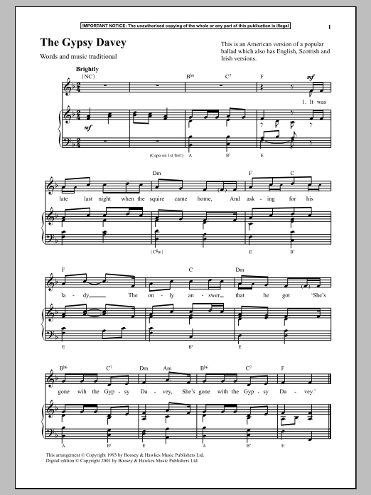 Traditional The Gypsy Davey sheet music notes and chords. Download Printable PDF.