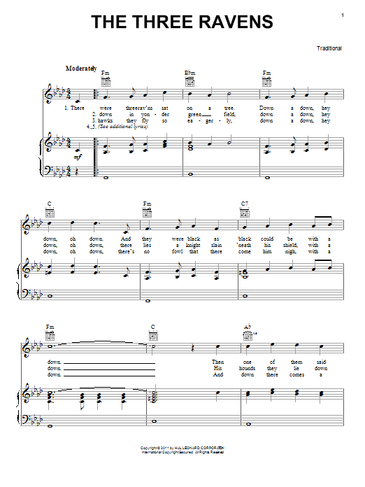 Traditional The Three Ravens sheet music notes and chords. Download Printable PDF.