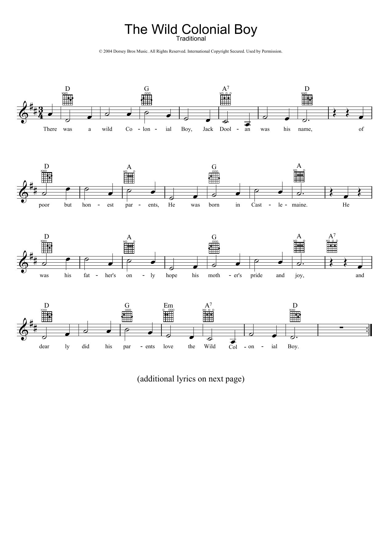 Traditional The Wild Colonial Boy sheet music notes and chords. Download Printable PDF.