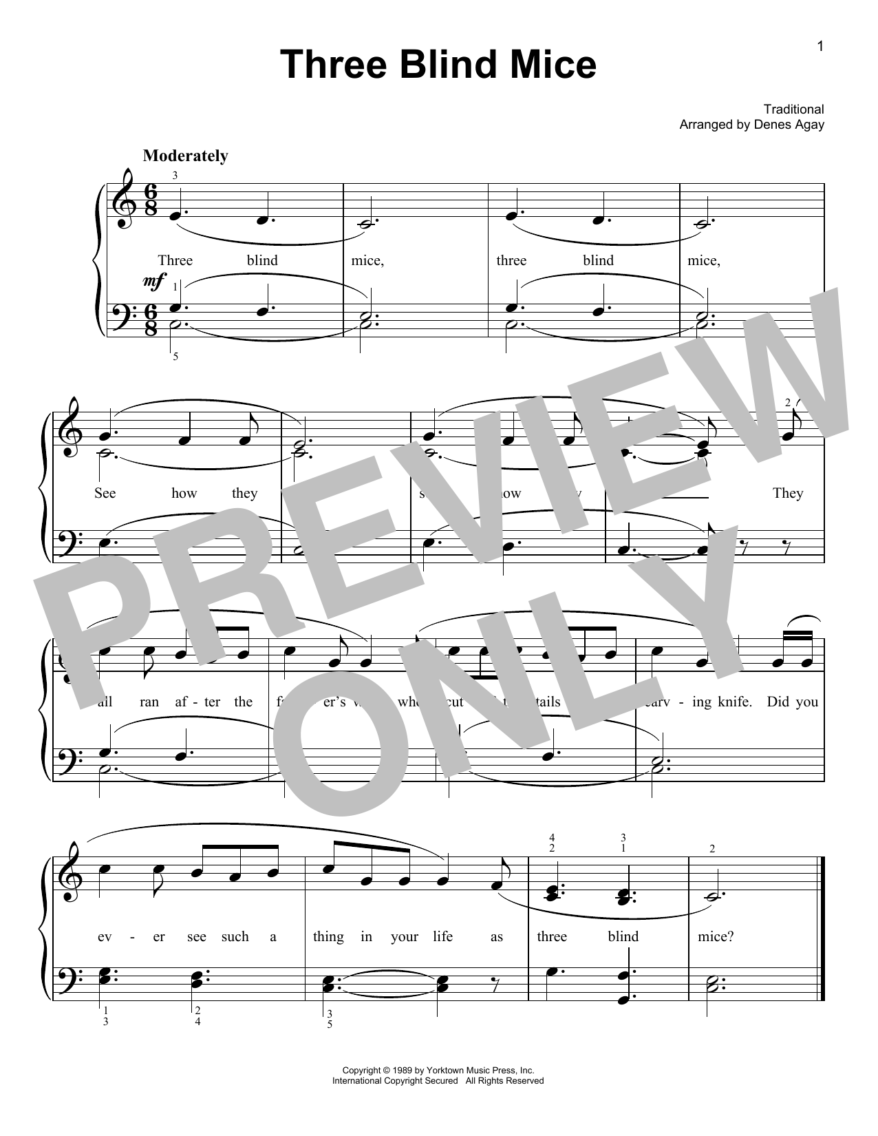 Learn to play Traditional Three Blind Mice (arr. Denes Agay) sheet music for Easy Piano in minutes. Price: 6.9900$ Traditional Three Blind Mice (arr. Denes Agay) sheet music notes and chords arranged for Easy Piano