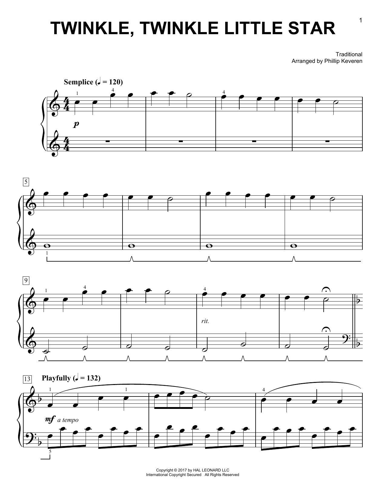Twinkle, Twinkle Little Star [Classical version] (arr. Phillip Keveren)  Sheet Music by Traditional, Easy Piano